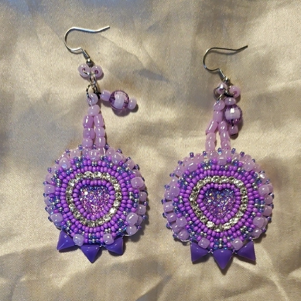 Purple Beaded Heart Earrings